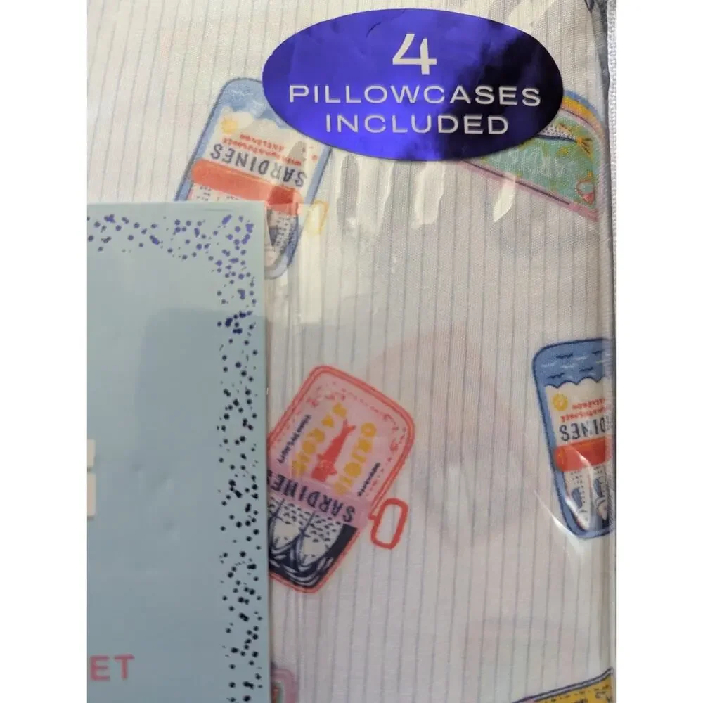 Charming House Full Sheet Set 6 Pc Sardine Tin Can Print Blue White Oeko Tex New